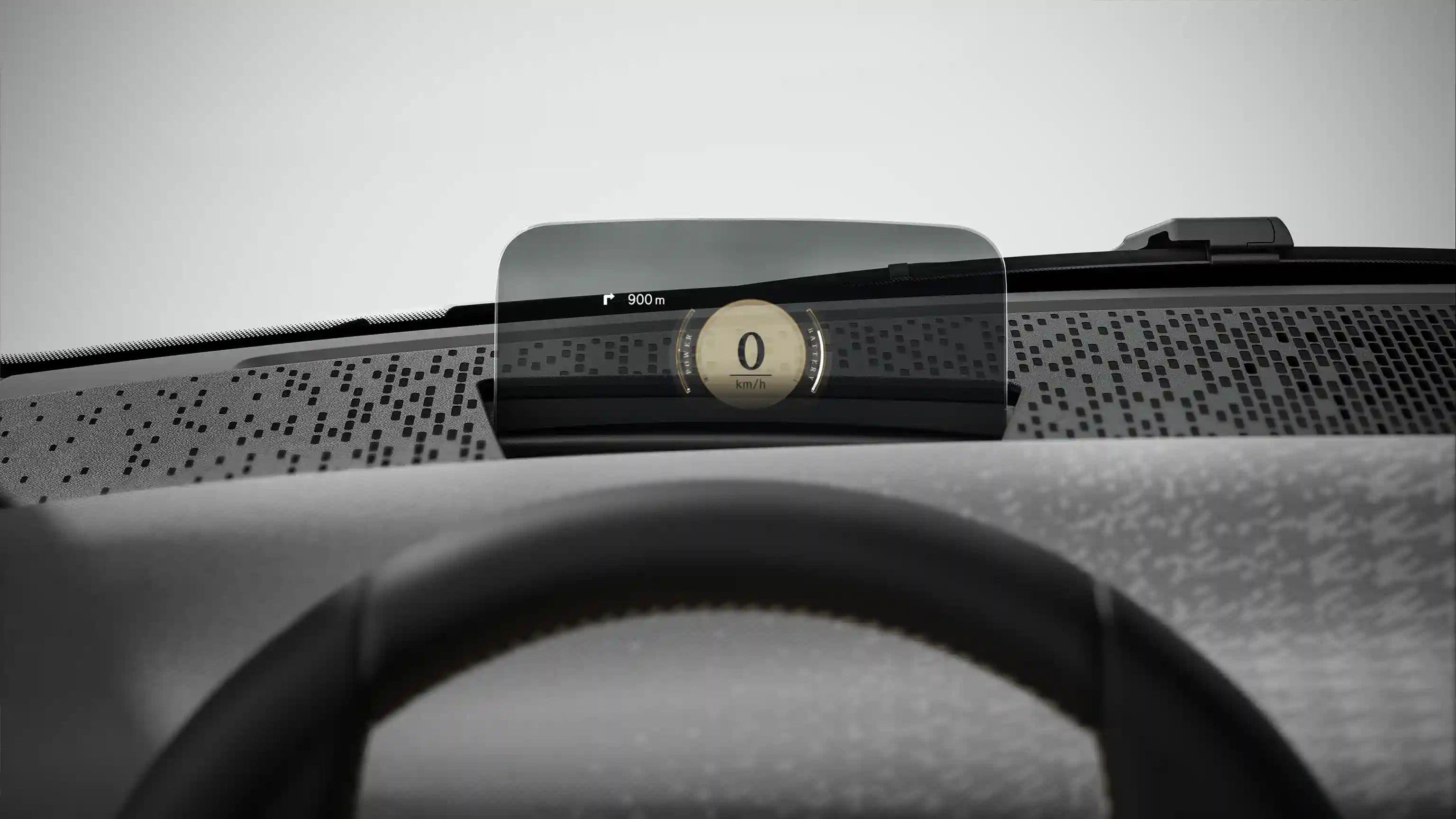 Close-up of a car's heads-up display showing the number 0.